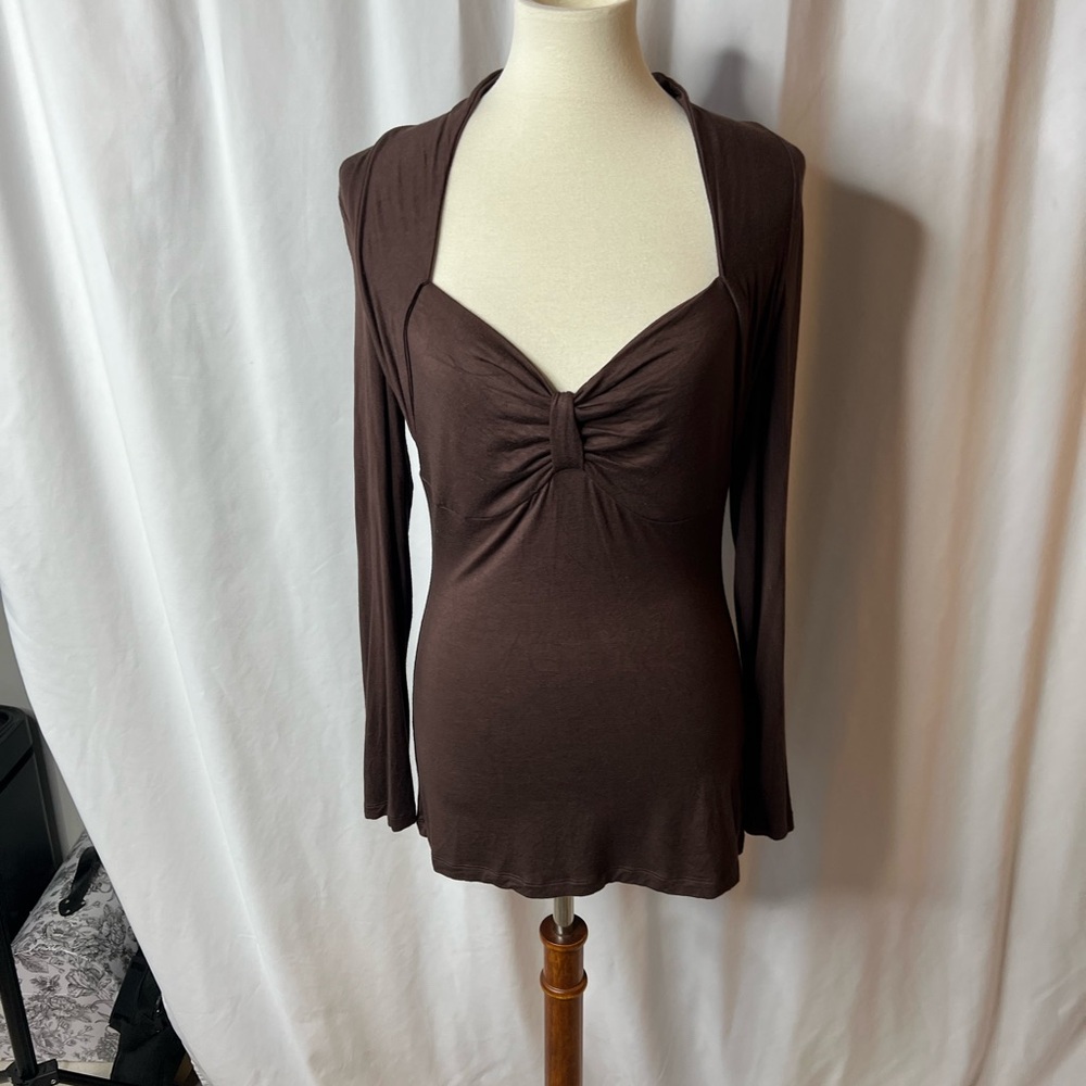 Venus Brown Twist-Front Long Sleeve Top | Size Medium